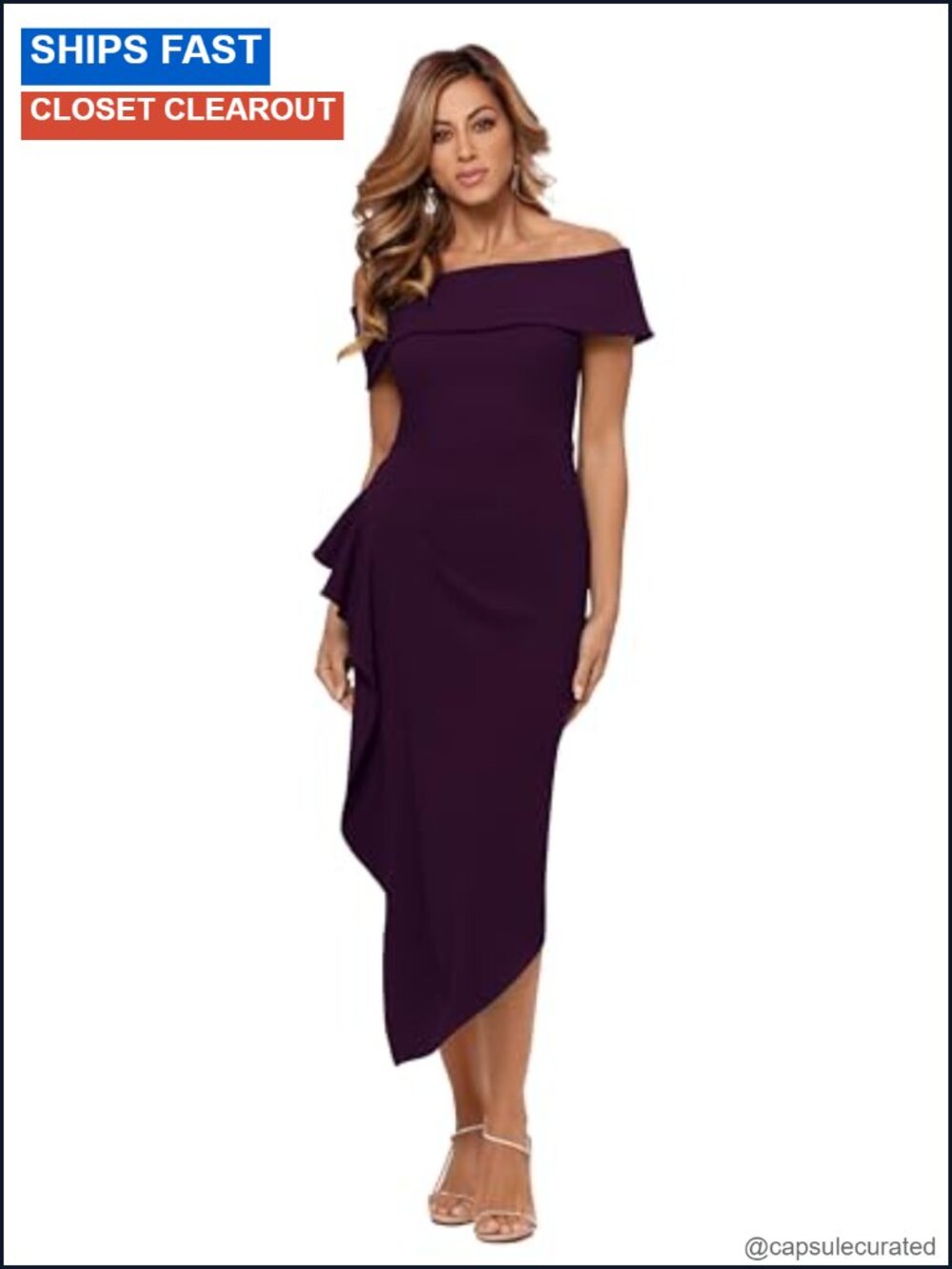 Off-Shoulder Midi Dress with Asymmetric Hem and Draped Detail